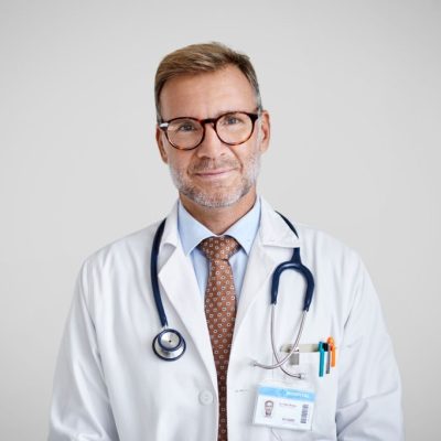 Portrait of confident Hispanic medical professional. Smiling male mature doctor is wearing lab coat. He is against gray background.